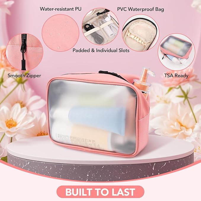 Travel Toiletry Bag Set for Women, Compact Size 5-Piece Hanging Organizer Kit with TSA Approved Cosmetic Bag, Jewelry Case & Cable Pouch, Waterproof Makeup Bag for Travel Essentials- Pink
