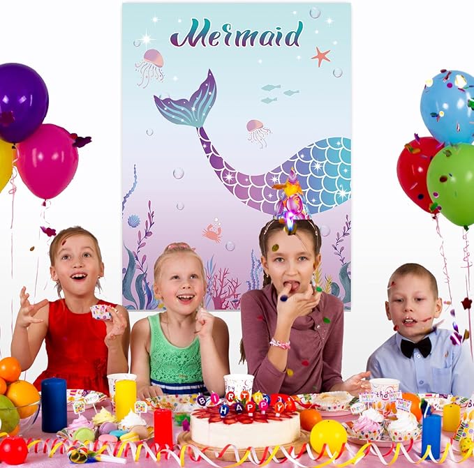 Pin The Tail on The Mermaid Party Game with 24 PCS Tails for Kids Girls Birthday 21'' x 28'' (Mermaid)