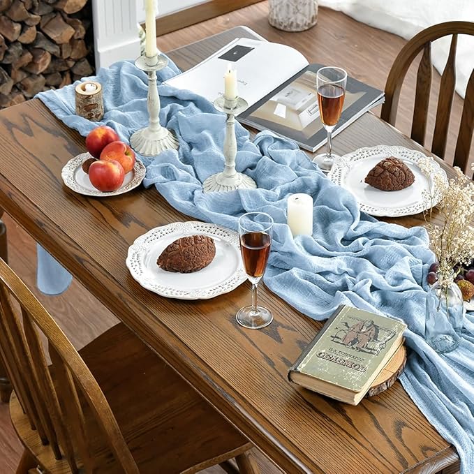 Artoid Mode Boho Sky Blue Gauze 6 Pieces Wedding Table Runner, 120 Inch Seasonal Fabric Kitchen Dining Holiday Table Decor for Home Party Indoor