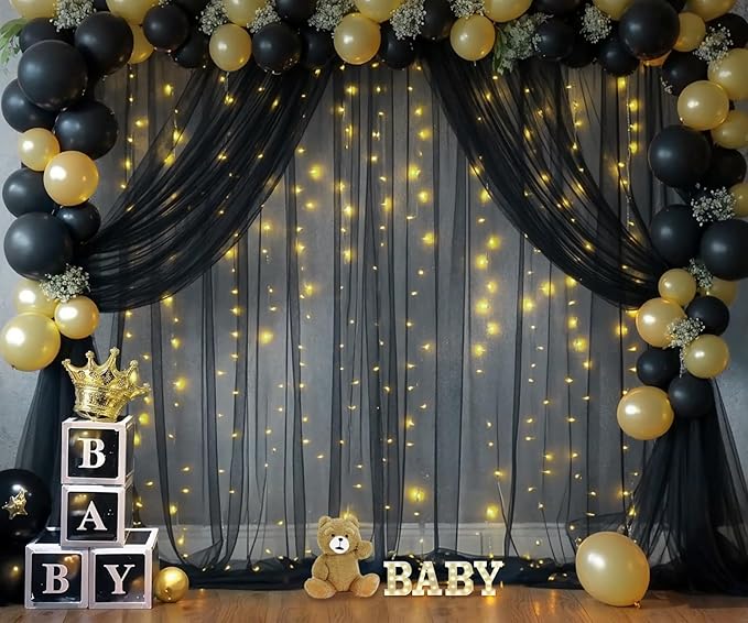 10×12ft Black Sheer Backdrop Curtains with Lights String for Parties Birthday Black Tulle Backdrop Curtain for Baby Shower Wedding Graduation Halloween Party Photo Shoot Decorations 2 Panels 5×12ft