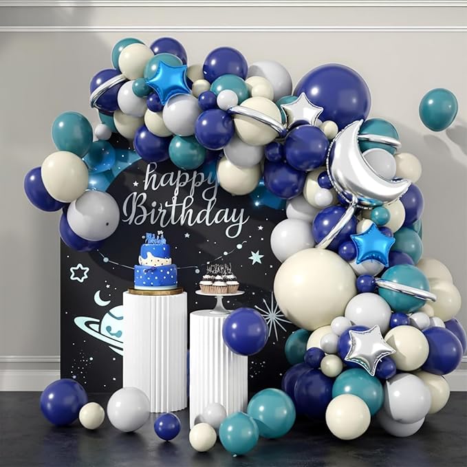Outer Space Balloon Arch Kit, Navy Blue And White Grey Sea Blue Moon Star Foil Balloon for Boy Space Birthday Astronaut UFO Theme Graduation Party Galactic Celebration Baby Shower Decorations