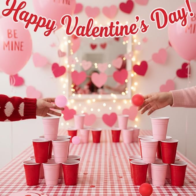 32 Pcs Party Game Set for Adult, Include 16oz Red Pink Plastic Cups with 8 Balls, Bachelor Party Disposable Cup Bulk for Summer Birthday, Anniversary, Wedding, Outdoor Toss Game Supplies
