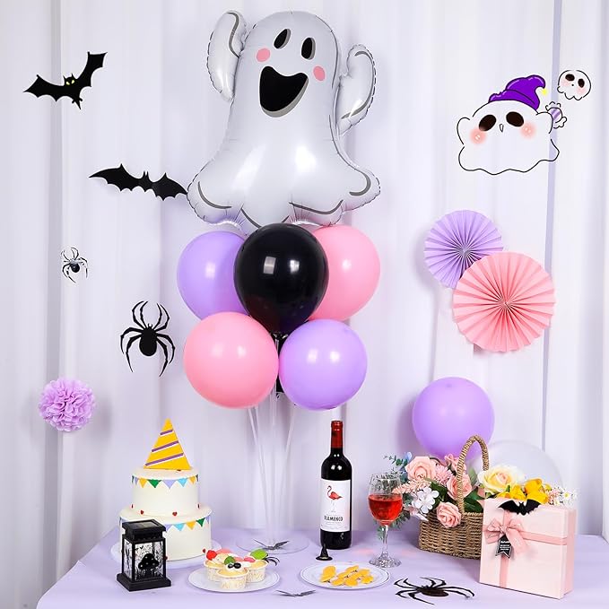 Halloween Ghost Party Balloons Stand Kit 2 Sets with 2 White Ghost Foil Balloons Pink Black and Purple Balloon Centerpiece for Tables for Baby Shower Horror Birthday Party Decorations
