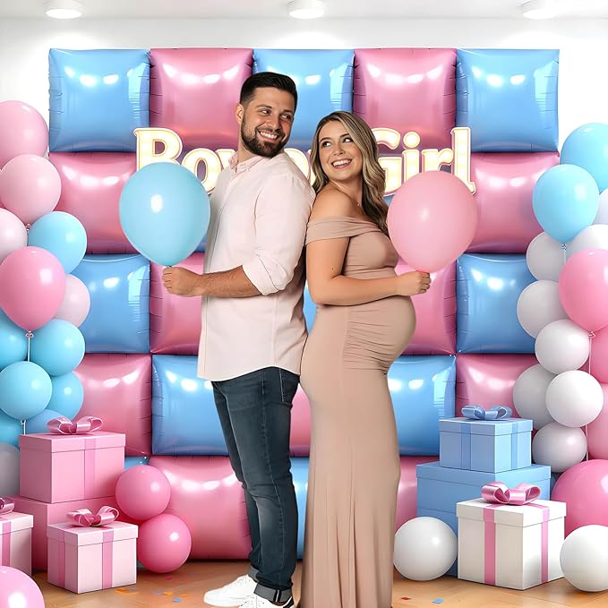 25Pcs Pink and Blue Square Foil Balloons Wall Backdrop, Double Sided Metallic Foil Balloons Tunnel Arch Garland Kit for Photo Booth Birthday Wedding Graduation Halloween Party Decorations