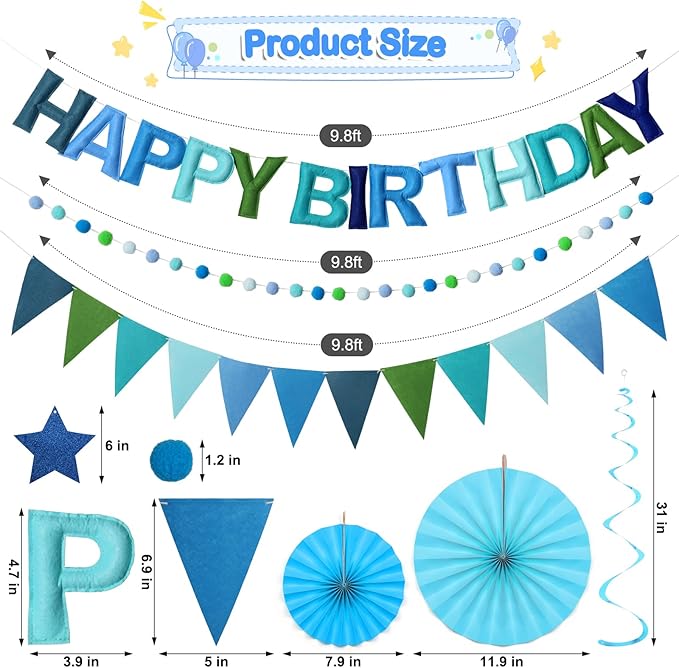 Pre-Strung Happy Birthday Banner, Reusable Felt Birthday Party Decorations, 3D Effect Happy Birthday Sign with Felt Ball Garland, Pennant Flag, Hanging Paper Fans for Men Women Boy Girls (Blue)