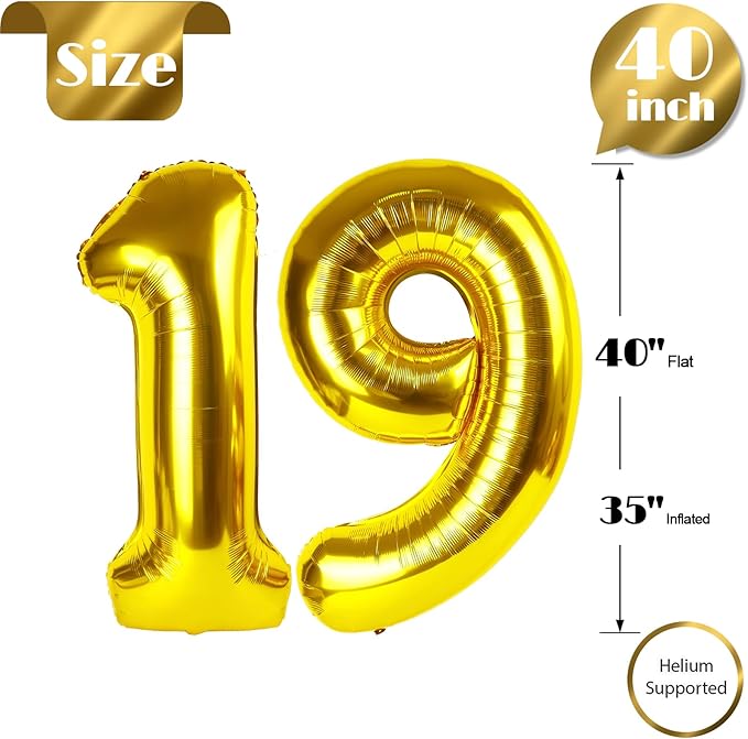 Gold Number 19 Balloon 40 inch, 19 Number Balloons, 19th Gold Birthday Decorations, 19 Year Old Girls Boys Golden Party Supplies