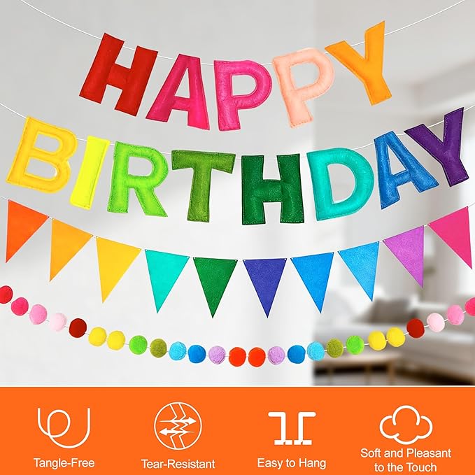 Pre-Strung 3PCS Happy Birthday Banner, 3D Rainbow Felt Happy Birthday Banner, Pom Pom Garland & Fabric Bunting, Rainbow birthday decorations, Happy Birthday Sign for Girls, Boys, Women & Men