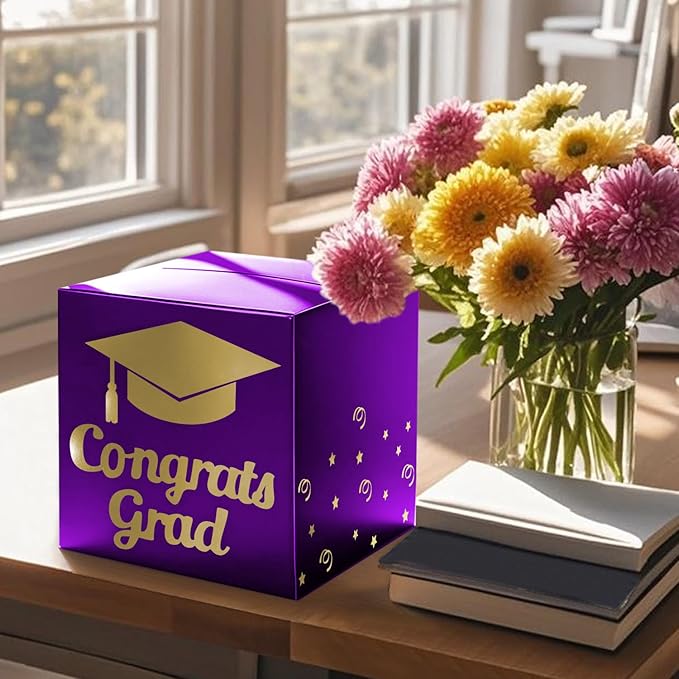 Graduation Card Box Holder, Congrats Grad Foldable Cardboard Decorations Box for Graduation Party Decoration and Grad Parties (Purple)