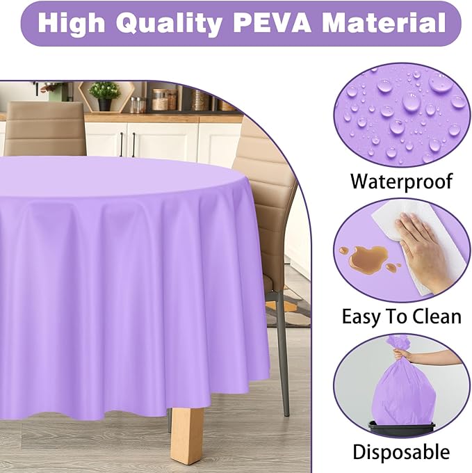 Kopokita 2 Pack Light Purple Round Disposable Plastic Tablecloths 84 inch Lavender Party Table Covers