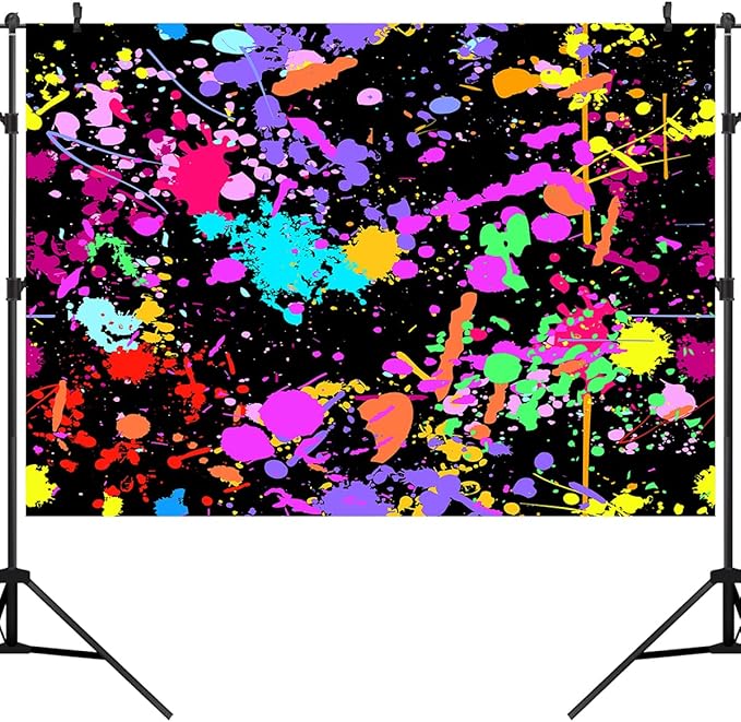 7X5FT Glow in The Dark Birthday Backdrop - Colorful Graffiti Splash Paint Party Background Slime Black Light Sleppover Party Decorations for Kids