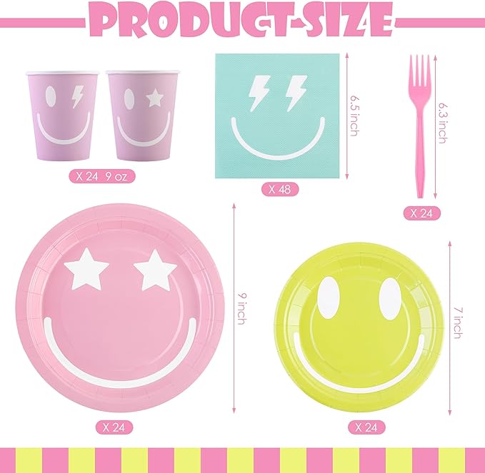 Kochorie 144 Pieces Preppy Party Supplies, Preppy Smile Tableware Sets Including Disposable Paper Plates Napkins Cups Forks Serves 24 for Smile Face Baby Shower Birthday Party Decorations