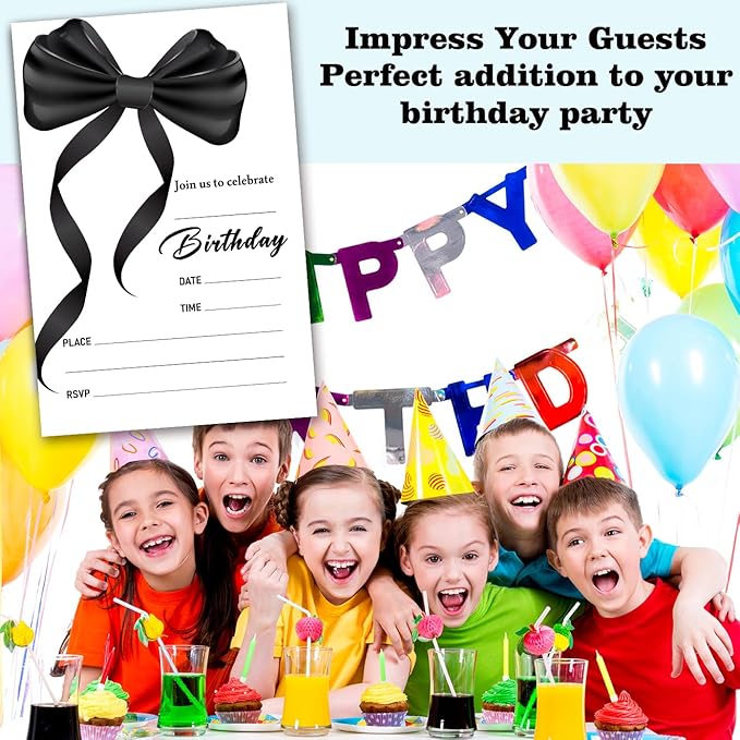 Black Bow Birthday Invitation Cards For Girls Adult Teens, Birthday Party Supplies Favors, 20 Fill-In Invitation Cards with Envelopes -01