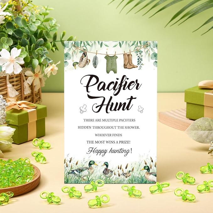 Thyle 51 Pcs Mallard Duck Pacifier Hunt Baby Shower Games Include Hunt Sign and 50 Acrylic Pacifiers for duck hunting Baby Shower Game Decoration Sets Gender Reveal newborn announcement Party Decor