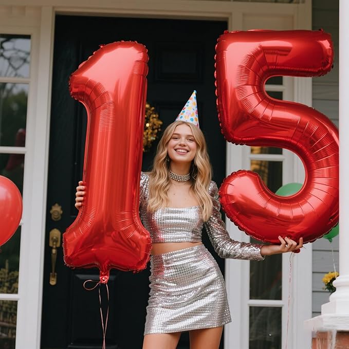 40 Inch Red Number 15 Digital Balloon,Jumbo Mylar Foil Helium Balloon for 15 Balloons for Birthday Party,Wedding Anniversary Party Decorations