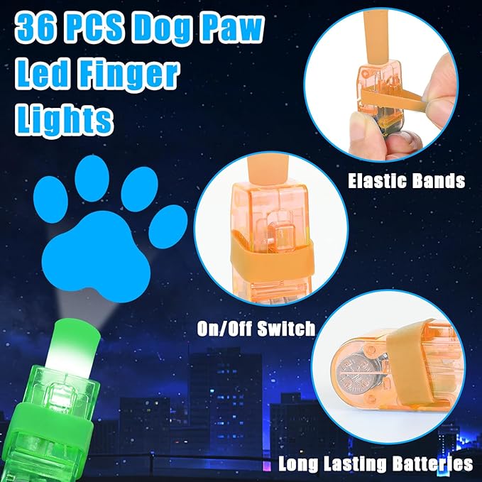 CHUNNIN 36 PCS Dog Birthday Party Favors Paw LED Light Up Finger Lights Glow in the Dark Party Bulk for Christmas Goodie Treat Bags Stuffers Puppy Theme Birthday Supplies