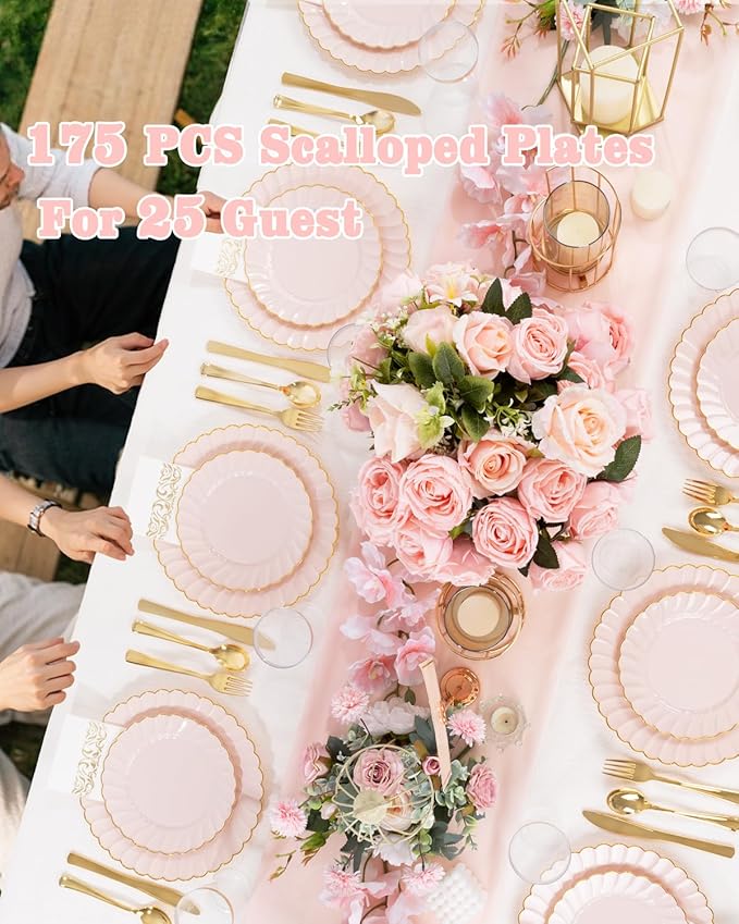 YOUBET 175PCS Pink Scalloped Plastic Plates - Gold Disposable Dinnerware Set Include 50 Plates, 75 Gold Silverware, 25 Cups, 25 Napkins for Party & Wedding & Baby Shower Easter Mothers Day