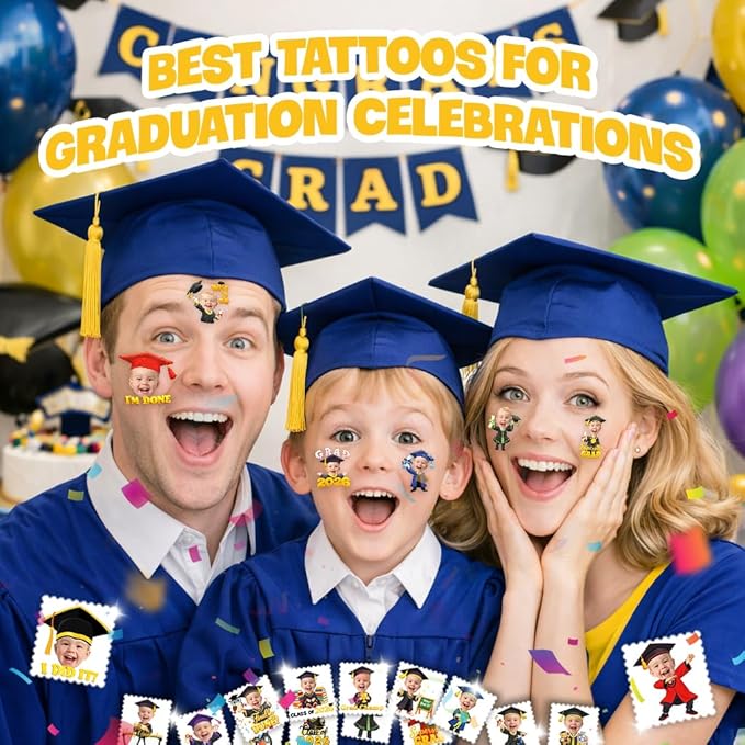 Custom Graduation Temporary Tattoos for Kids - Personalized Pre-Cut Face Photo Tattoos - Fun Birthday Party Favors for Boys Girls, Graduation Day - Set of 20 Unique Celebration Gifts