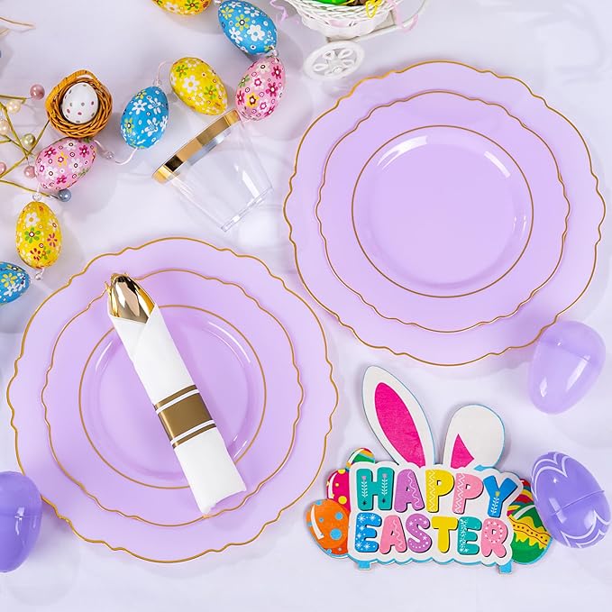 Liacere 350PCS Purple Plastic Plates - Disposable Lavender Plates 50guest Plastic Dinnerware include 100Light purple Plates,50Pack Pre Rolled Napkins Silverware 50Cups for Easter Day