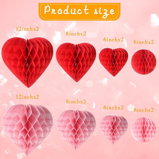 16 Pieces Valentine‘s Day Heart & Ball Tissue Paper Honeycomb Ball Love Decoration Pom Poms Pink Red Paper Heart Valentines Honeycomb for Valentine‘s Day Wedding Party Decors