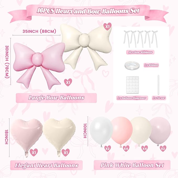 Paready Pink and Cream Heart Balloons, 38 Inch Bow Balloons, Dusty Pink Pearl White Sand White Balloon and Bow Heart Shaped Foil Balloon for Girls Birthday Bridal Baby Shower Valentines Decorations