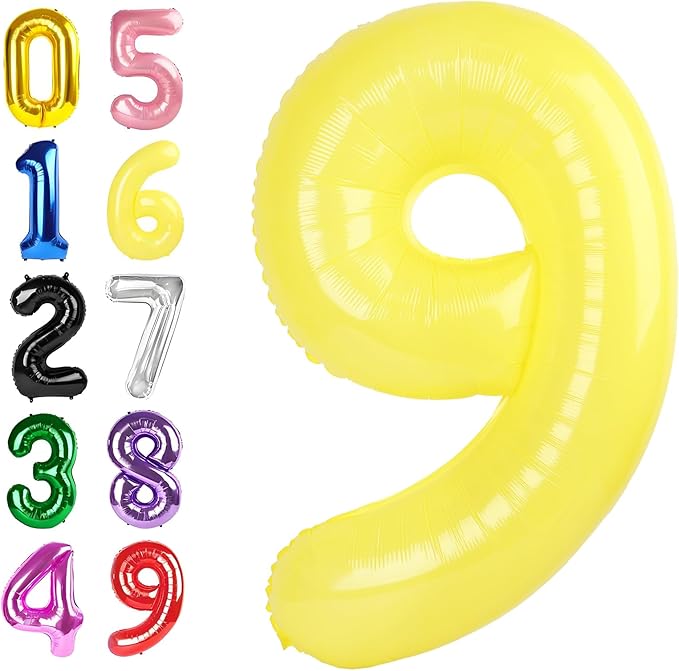 Yellow 9 Balloon Number, Big 40 Inch Happy 9 19 29 90 Birthday for Men And Women, Foil Balloons Decoratins for Wedding Anniversary, Single, New Year, Halloween Party Syupplies