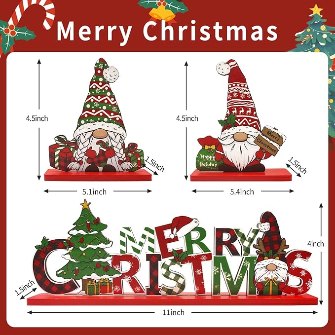 3Pcs Christmas Table Decorations Gnomes Tree and Merry Christmas Sign Centerpiece Tabletop Wooden Ornaments Indoor Xmas Decorations for Party Coffee Table Gifts