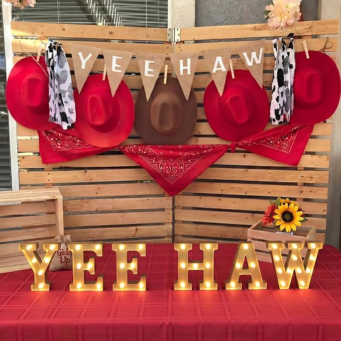 Honoson 6 Pcs Western Party Decorations Yee Haw LED Light up Sign West Neon Birthday Table Decorations for Cowboy Cowgirl Western Themed Birthday Baby Shower Party Decor