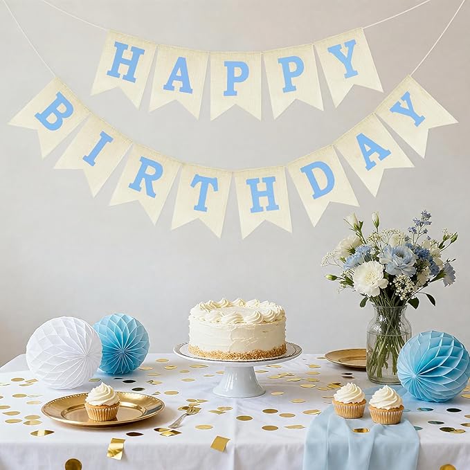 Anwyll Happy Birthday Banner - NO DIY Burlap Happy Birthday Banner Sign Happy Birthdays Party Decoration Happy Birthdays Banners Bunting for Men Boy Prince Celebration Party Backdrops (Blue)