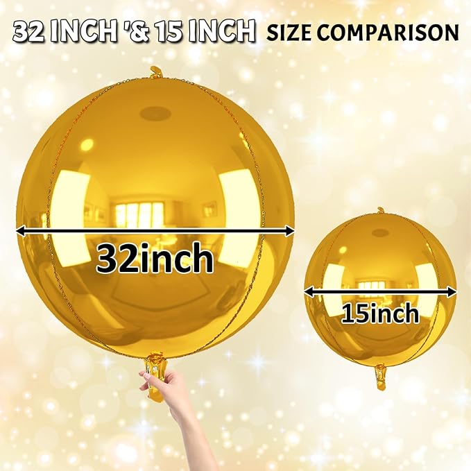 Gold Round Foil Balloons 32 Inch 5 Pcs 4D Ball Balloons Metallic Golden Balloon Ornament Mylar Balloon Chrome for Birthday Graduation Wedding Anniversary New Year Disco Party Decorations
