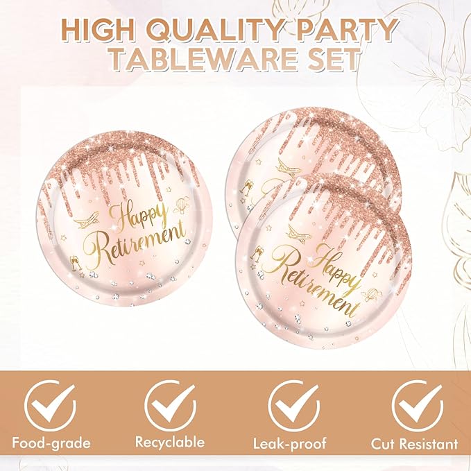 40PCS Retirement Decorations For Women Rose Gold Retirement Party Decorations Supplies Tableware Plates and Napkins for Women Going Away Party Disposable Dinnerware Kit,20 Guests