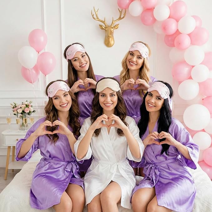 Bonuci 24 Pcs Bridesmaid Bride Robes Set of 8 Bridal Satin Robes Fluffy Slippers Drinking Cups for Wedding Bachelorette Party