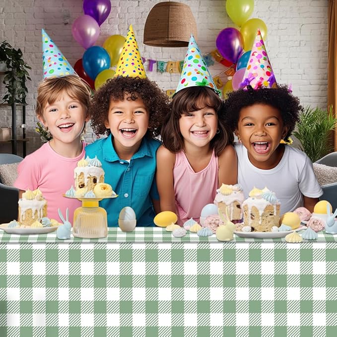 3 Pack Green Gingham Tablecloths, 54 X 108Inch Disposable Party Table Covers Scalloped Green Checkered Table Cloth Waterproof Green White Tablecloth for Birthday Barbecue Tea Party Wedding