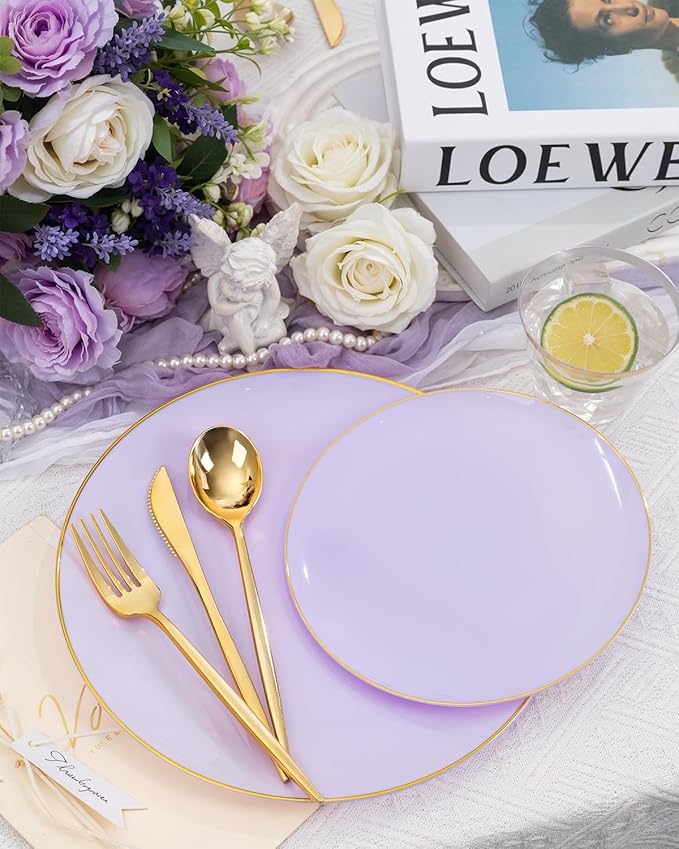 bUCLA 150PCS Purple Plastic Plates - Light Purple and Gold Disposable - Include 25 Each (Dinner & Dessert) lavender Plates, 25 Knives, 25 Forks, 25 Spoons & 25 Cups for Party, Easter & Wedding