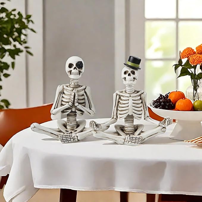 Halloween Decorations Indoor, Gothic Skeleton Couple Decor for Home & Office, 2 Pack Small Resin Skull Figurines, Spooky Tabletop Sculptures for Desk, Bookshelf, Haunted House
