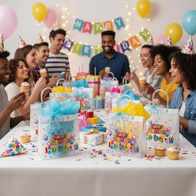 Henoyso 24 Pcs Clear Happy Birthday Gift Bags Plastic Goodie Candy Treat Bags PVC Party Favor Totes with Handles 7.8 x 7.8 x 3.1 Gift Wrap Totes