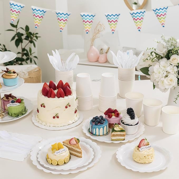LIYH 350 Pcs White Paper Plates and Napkins 50 Guest Party Supplies Include White Scalloped Disposable Paper Plates Cocktail Napkins Cups Cutlery for Baby Shower,Birthday