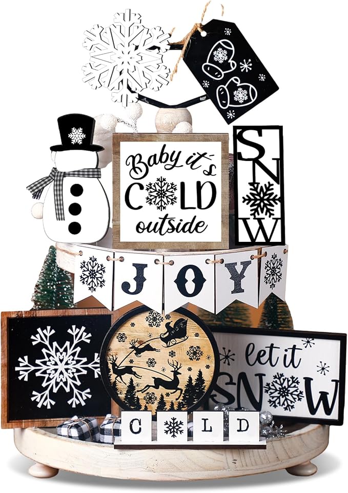 Winter Tiered Tray Decor Set Snowman Snowflake Table Decor Christmas Tree Wooden Sign Farmhouse Coffee Spice Blocks Winter Decoration for Christmas Home Table Shelf