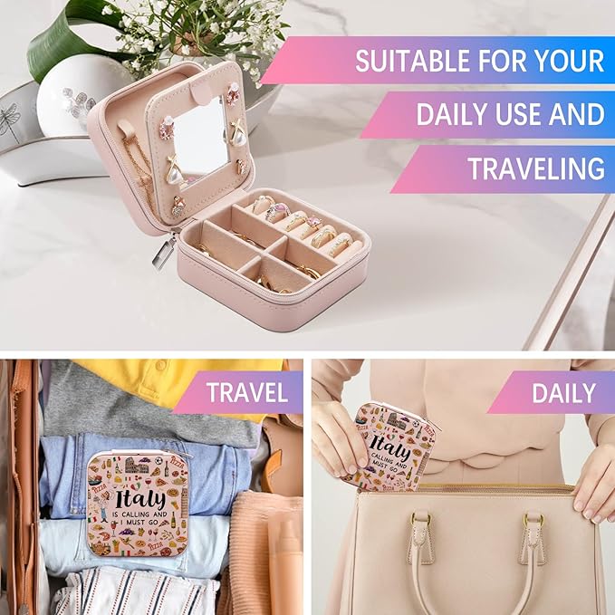 Italy Travel Jewelry Box for Women, Italy Lover Themed Gifts for Traveller Women Friends, Italian Trip Essentials Small Travel Jewelry Case Organizer