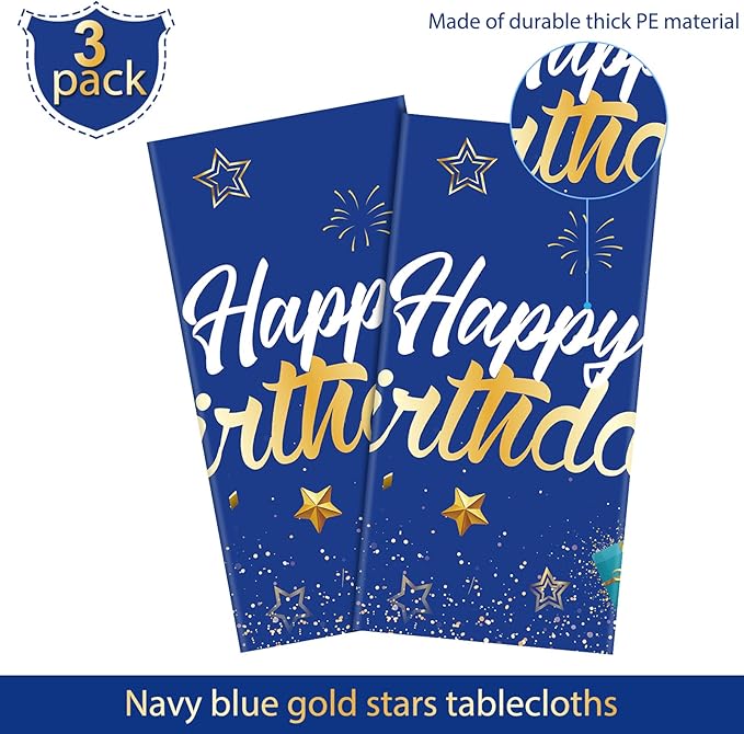 Tegeme Navy Blue Party Supplies Stars Happy Birthday Tablecloths Starry Confetti Table Covers for Kids Boys Girls Baby Shower Birthday Party Decorations(Navy Blue and Gold,2 Pack)