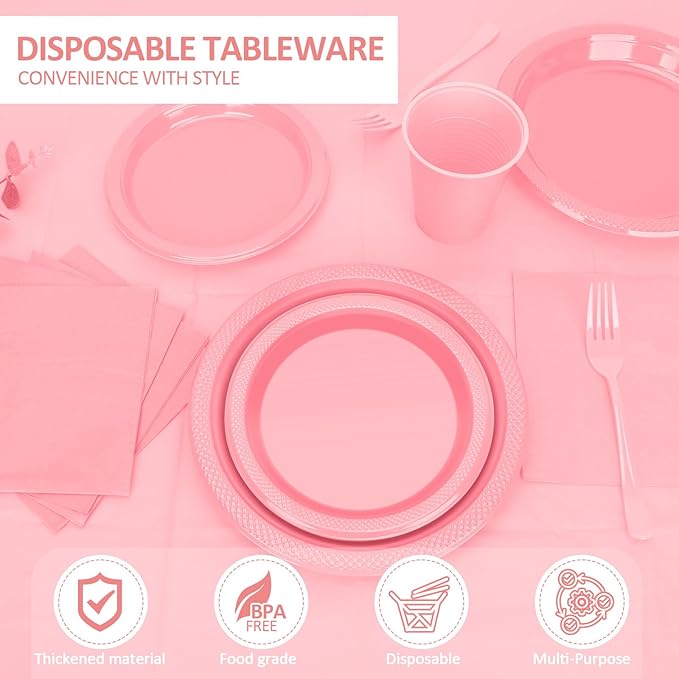 Pink Plastic Plates for Party,50 Guest Disposable Plastic Plate Set 9" Plates,7" Dessert Plates,Napkins,Cups,Forks & Tablecloth for Birthday,Wedding,Baby Shower,Girlfriends Tea Party