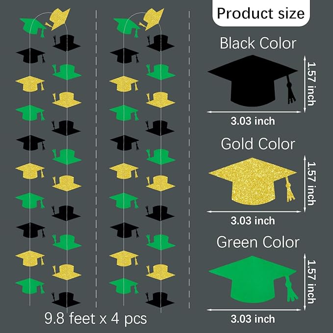 Black Green and Gold Graduation Garland Graduation Party Decorations Class of 2026 Grad Cap Garland Banner Streamers for Grad Party Hanging Decorations 39Feet