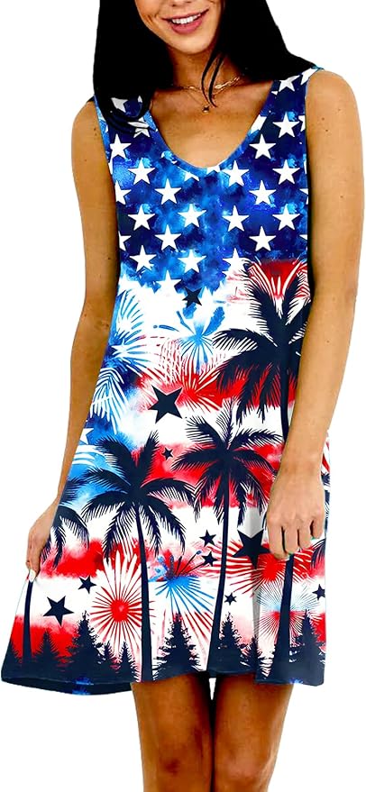 Deerose Women 4th of July Sleeeveless Dress Patriotic V Neck Tank Dresses with Pockets