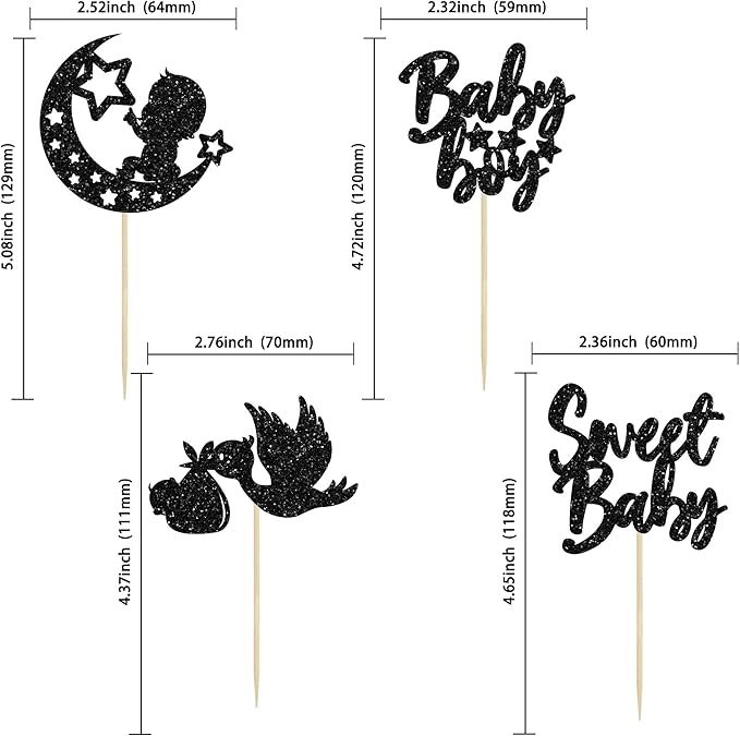 24Pcs Sweet Baby Boy Cupcake Toppers Black Glitter Moon Star Baby Shower Gender Reveal Cupcake Picks Decorations for Baby Shower Kids Boys Birthday Party Cake Decorations Supplies