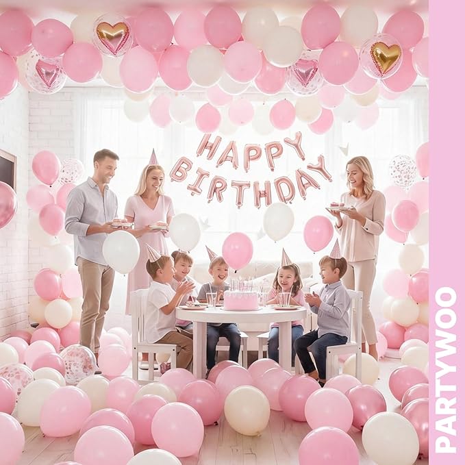 PartyWoo Baby Pink Balloon Arch Kit Garland 152pcs Different Sizes of 18 12 10 5 Inch White Light Pastel Pale Metallic Pink Confetti Balloons for Baby Shower Princess Birthday Party Decorations