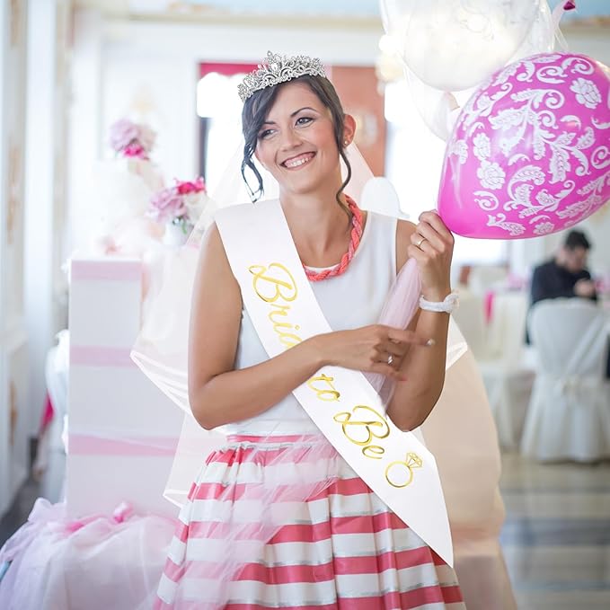 CIEHER Bachelorette Party Favors - White Veil, Bride to Be Sash & Crystal Crown for Bridal Shower Decoraions Wedding Party Gifts - Silver