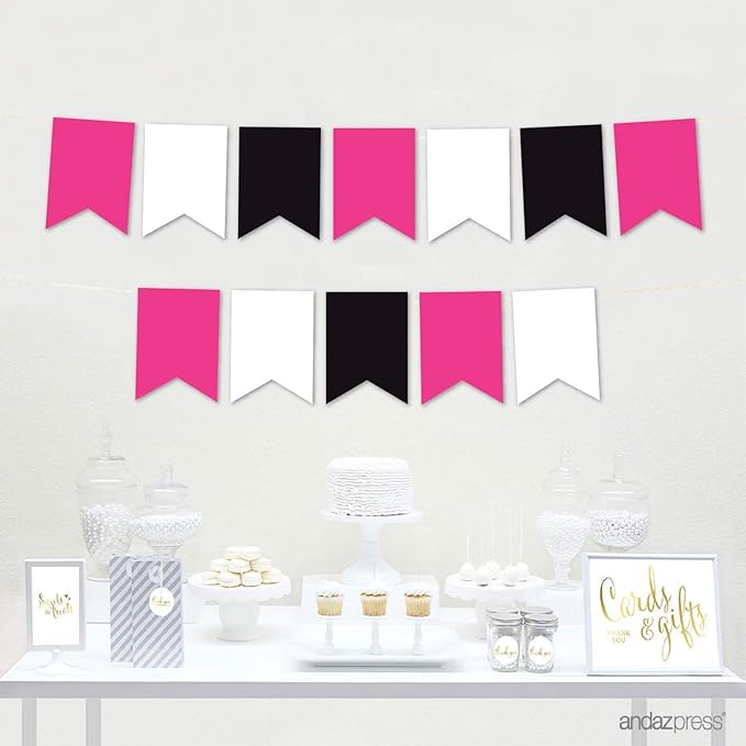 Andaz Press Hanging Pennant Banner with String, Fuchsia, White, Black, 1-Set, 24 Pennants, Approx. 12-Feet Long, Girl's Graduation