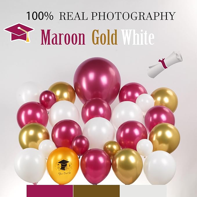 Maroon gold white Graduation Balloon Garland Arch Kit 115PCS with Graduation Star print Certificate Letter Mylar Foil Balloons for Graduate Class of 2026 Grad Prom party Decorations Supplies