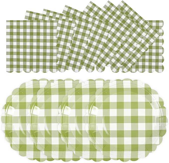50PCS Sage Green Gingham Party Supplies - 7Inch Sage Green Scalloped Dessert Paper Plates and Napkins Set Disposable Plaid Dinner Party Set Cutlery for Baby Shower Birthday Wedding, Serve 25