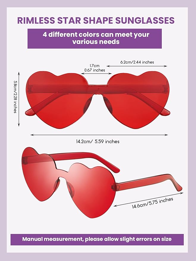 Weewooday 40 Pairs Heart valentines Glasses Rimless Heart Shaped Frameless Sunglasses Transparent Sunglasses Tinted Eyewear