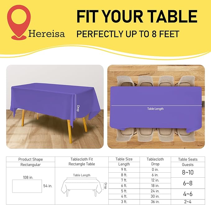 Premium Disposable Table Cloth - 12 Pack, 54 x 108 Inch Table Cloths for Parties, Decorative Tablecloths for Rectangle Tables, Purple Plastic Table Cover, Leakproof & Sturdy, Purple